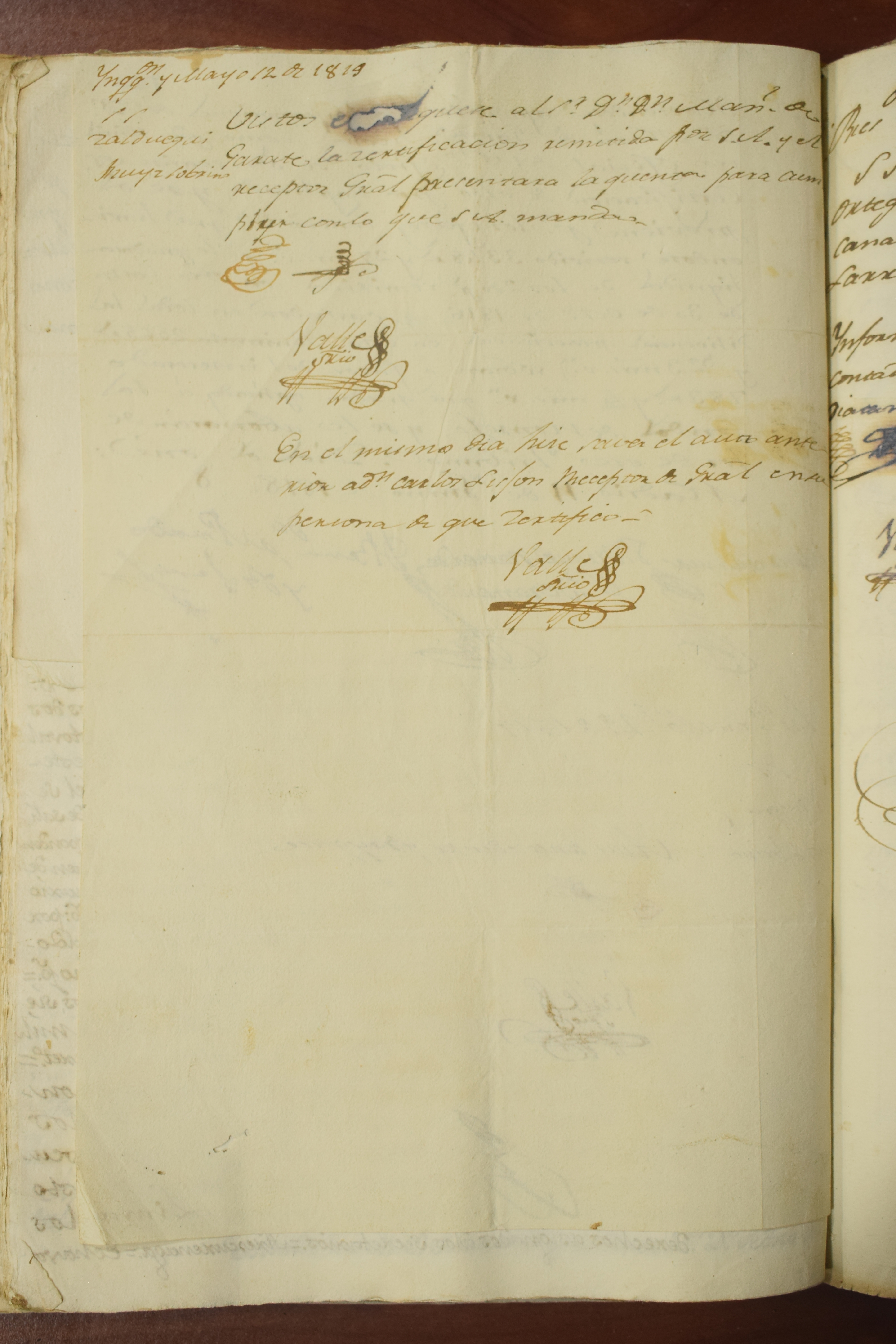Fragmento de certificación y recepción administrativa del 12 de mayo de 1819